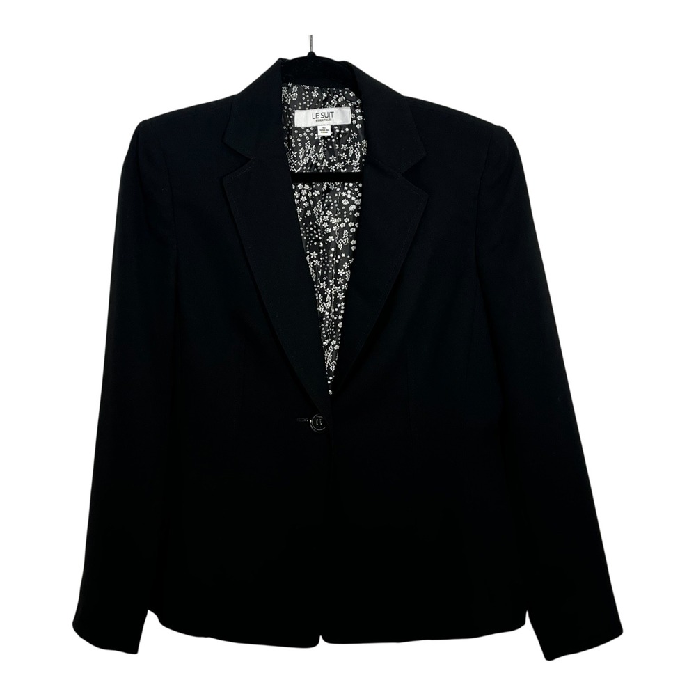 Le Suit Essentials Women Black Single Button Blazer Notched Lapel Size 10 Floral